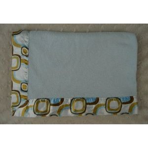 Beansprout Blue Baby Blanket Bean Sprout Brown White Tan Geo Shape Edge Trim